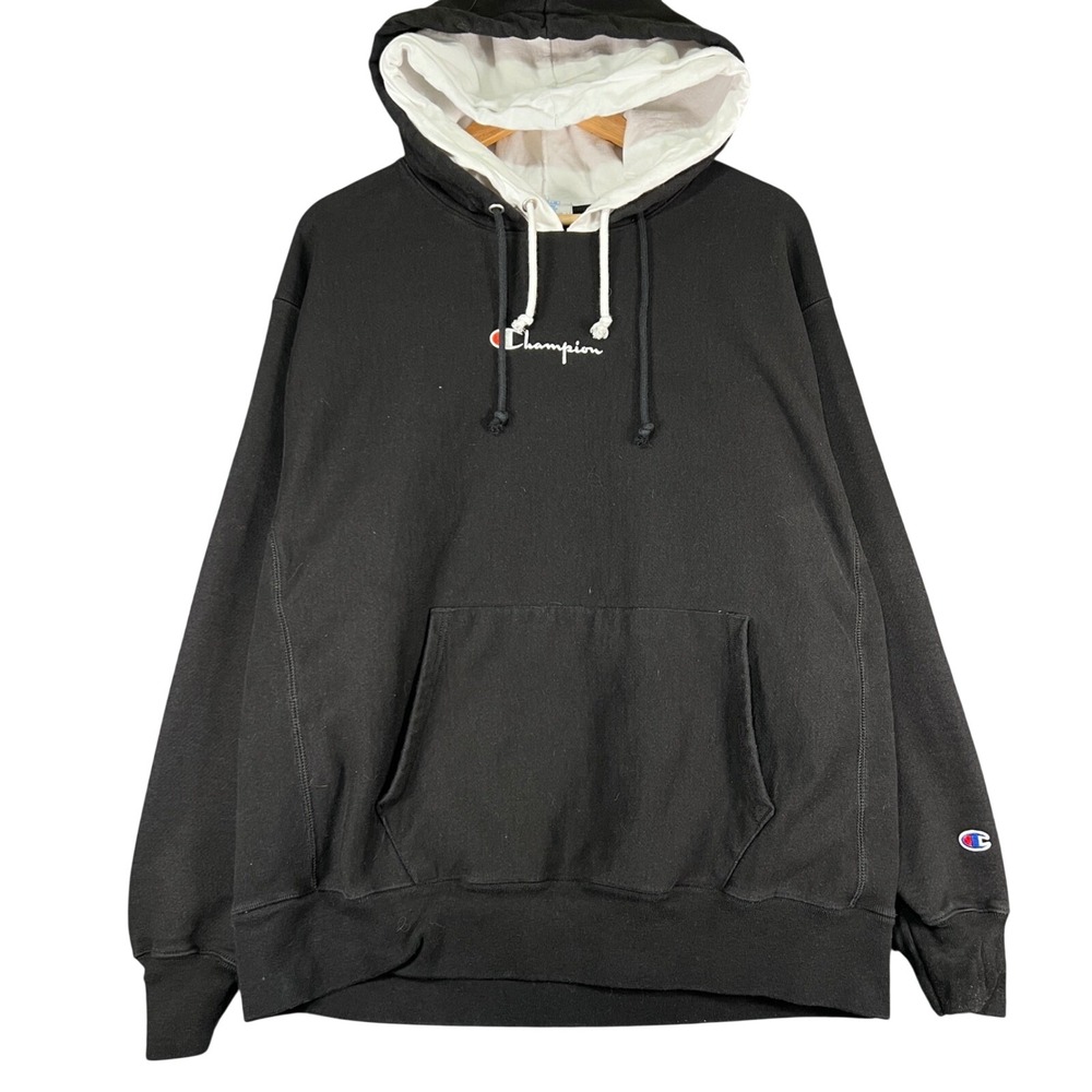 Champion Reverse Weave Double Layer Hoodie Black White Mens XL Excellent